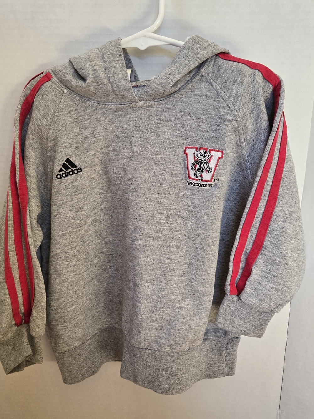 adidas Gray Wisconsin Badger Hoodie Sweatshirt with Red Stripe Accents